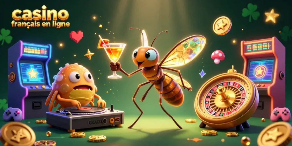 Jouez au casino français en ligne avec un masquot en ambre et un DJ trilobite dans un univers vibrant.