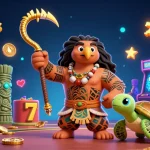 Célébrez le carnaval de jeux au casino français en ligne avec un démi-dieu et une tortue, entourés de machines à sous.