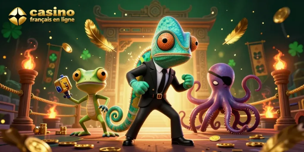 Admirez un casino francais en ligne où un caméléon agent secret interagit avec une pieuvre, entourés de jetons d'or.
