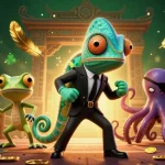 Admirez un casino francais en ligne où un caméléon agent secret interagit avec une pieuvre, entourés de jetons d'or.