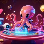 Jouez à des jeux de poker en ligne avec un alien et un robot dans un décor lumineux.