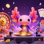 Illustration colorée du casino français en ligne, avec un DJ axolotl en néon et des jetons scintillants.