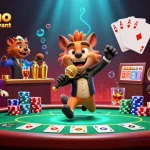 Visualisez le casino en ligne le plus payant avec une scène dynamique de jeux de casino et personnages cartoon.