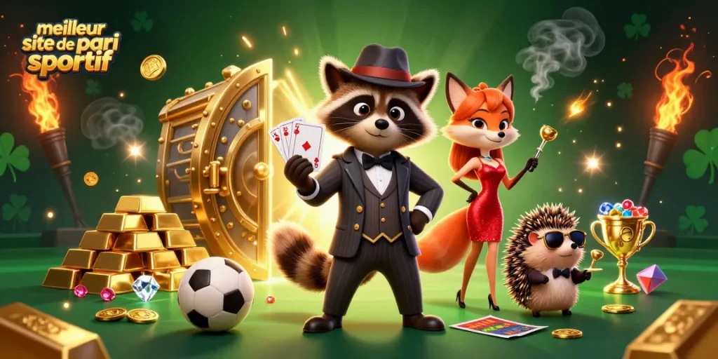 Image promotionnelle captivante du meilleur site de pari sportif avec un raton laveur en costume, une renarde en robe rouge et un hérisson, avec des éléments sportifs et des trésors dorés.