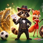 Image promotionnelle captivante du meilleur site de pari sportif avec un raton laveur en costume, une renarde en robe rouge et un hérisson, avec des éléments sportifs et des trésors dorés.