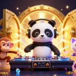 Illustration 3D de casino sans KYC crypto avec panda DJ et ambiance festif.