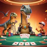 Experience the vibrant world of clan4d with a brontosaurus at a poker table in a lush casino.