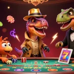 Gagnez au casino français en ligne avec un vélociraptor comptant des cartes à une table de blackjack.