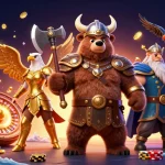 Jouer au casino en ligne français avec une illustration dynamique de personnages épiques et des éléments de jeu captivants.
