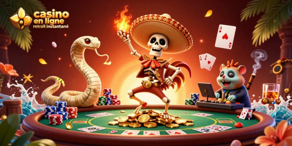 Illustration de casino en ligne retrait instantané avec des personnages 3D animés sur un tas de pièces d'or.