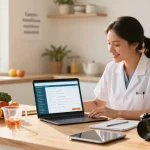 Nutritionist exploring the best calorie tracking app in a bright kitchen environment surrounded by fresh ingredients.