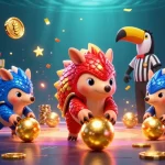 Les pangolins rivaux en armure de casino en ligne français jouent avec des jetons et des éléments colorés.