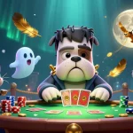 Engage in thrilling card games with japan168 at a lively haunted casino illustrated scene featuring unique characters.