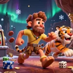 Cela illustre un casino français en ligne géré par un homme des cavernes et un tigre à dents de sabre, avec des rouleaux de machines à sous et des pièces dorées.