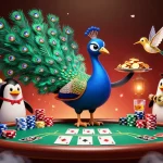 Le meilleur site de pari sportif avec un paon majestueux, un pingouin serveur et un colibri brillant illuminés au casino.
