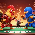 Plongez dans le meilleur site de pari sportif avec des coqs se défiant autour d'une table de poker.