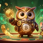 Découvrez les Bitcoin casinos avec une illustration captivante d'un hibou voyageur, des pièces d'or et des éléments de jeu.