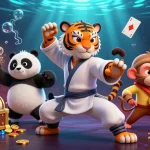 Découvrez un tigre maître des arts martiaux illustrant l'application mobile de casino avec des éléments de jeu.
