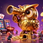Engage in judi bola online with a vibrant 3D casino scene featuring colorful slot games and animated characters.