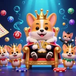 Explorez les casinos en ligne avec des corgis et des éléments ludiques de loterie dans une scène colorée.